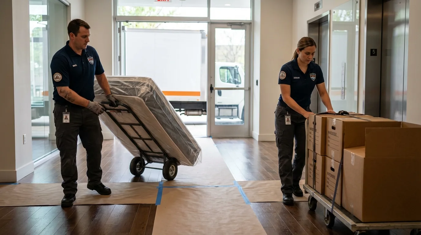 Professional apartment movers loading elevator in Devens, MA