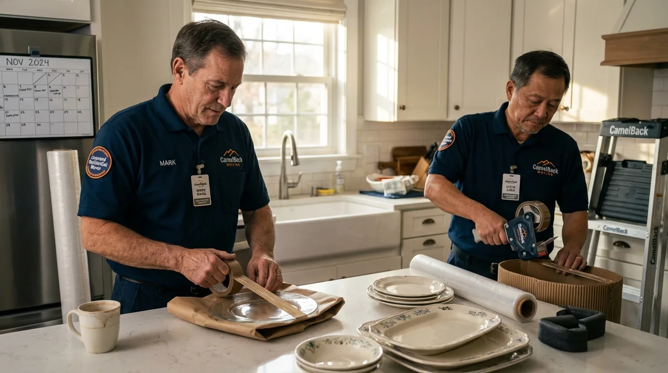 Professional crew packing kitchen dishware in Devens, MA